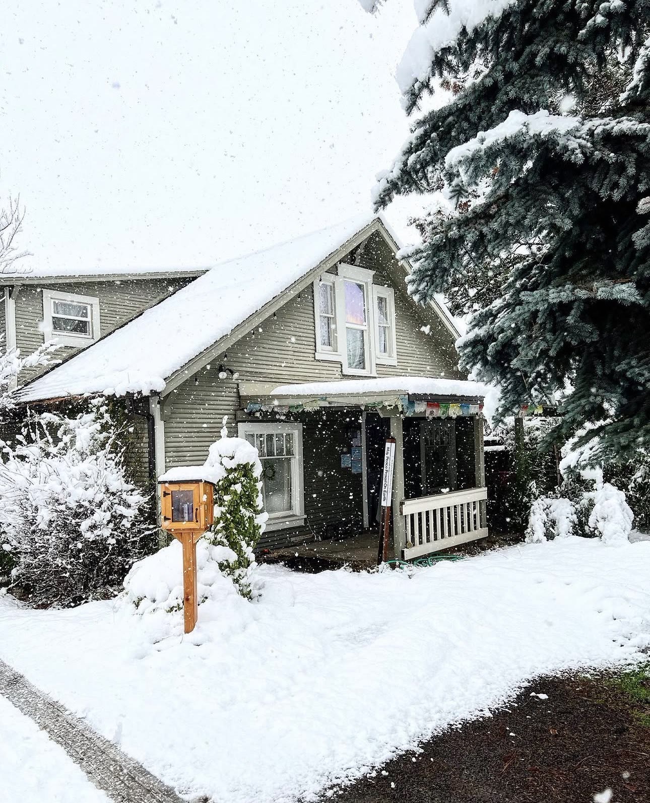 The century-old studio house under fresh snow