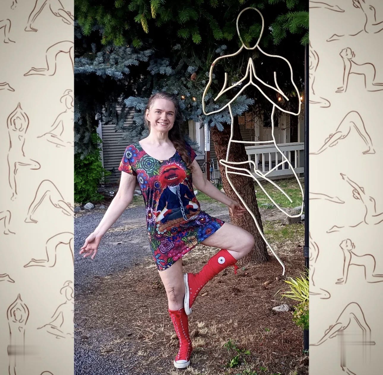 Tree pose outside beside the sign's yogi silhouette